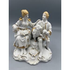 Antique Style Porcelain Figurine Couple w Sheep Gold Gilt Marked Base